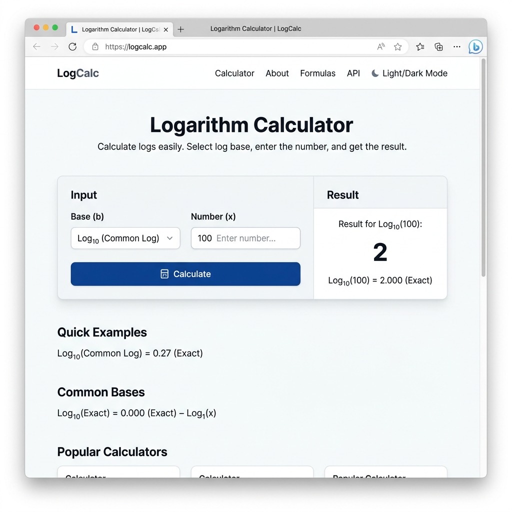 Log Calculator interface showing input fields for base, value, and result