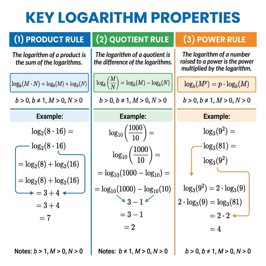 Chart showing important logarithmic properties