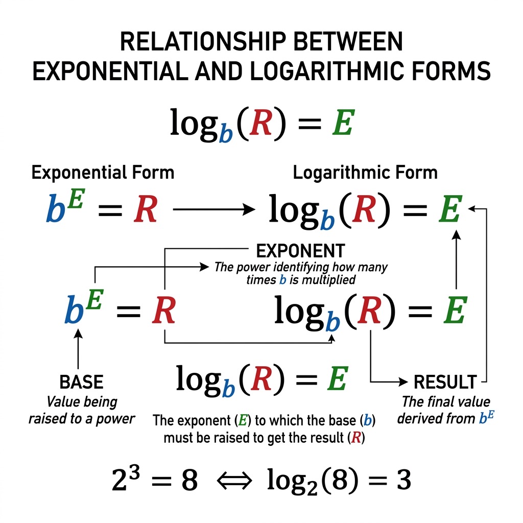 Diagram showing relationship between exponent and logarithm