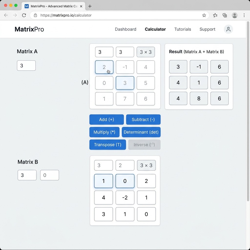 Matrix Calculator interface showing Matrix A and Matrix B input grids with operation buttons
