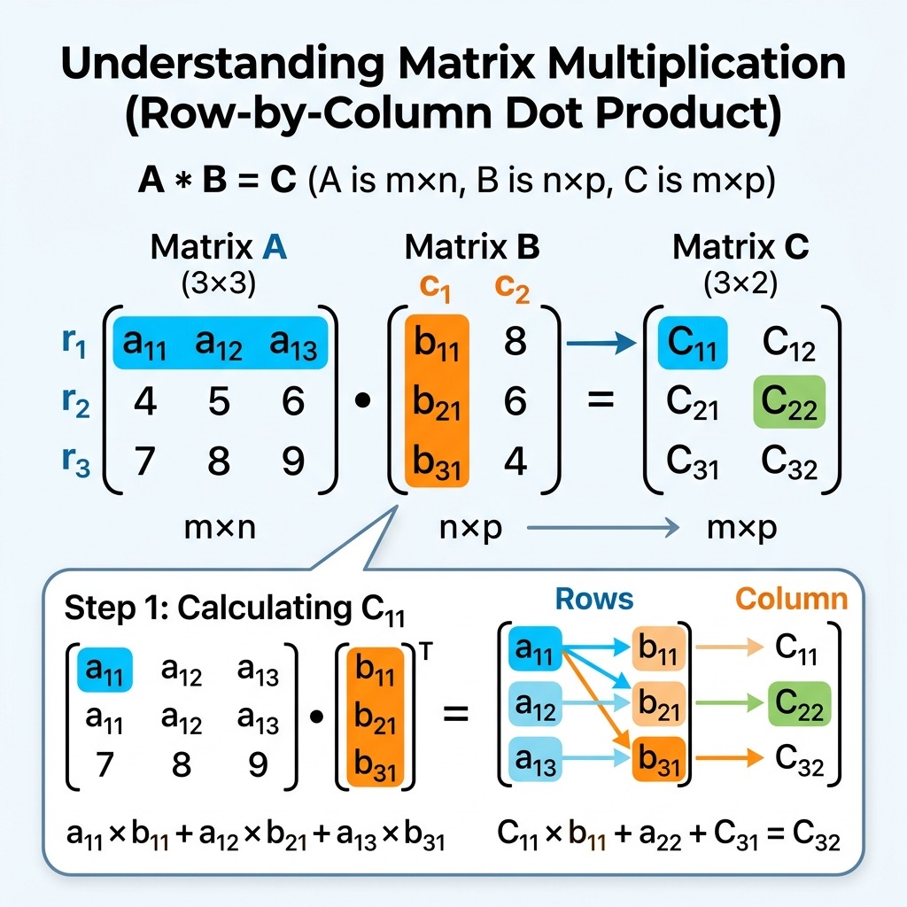 Diagram showing row by column multiplication in matrices
