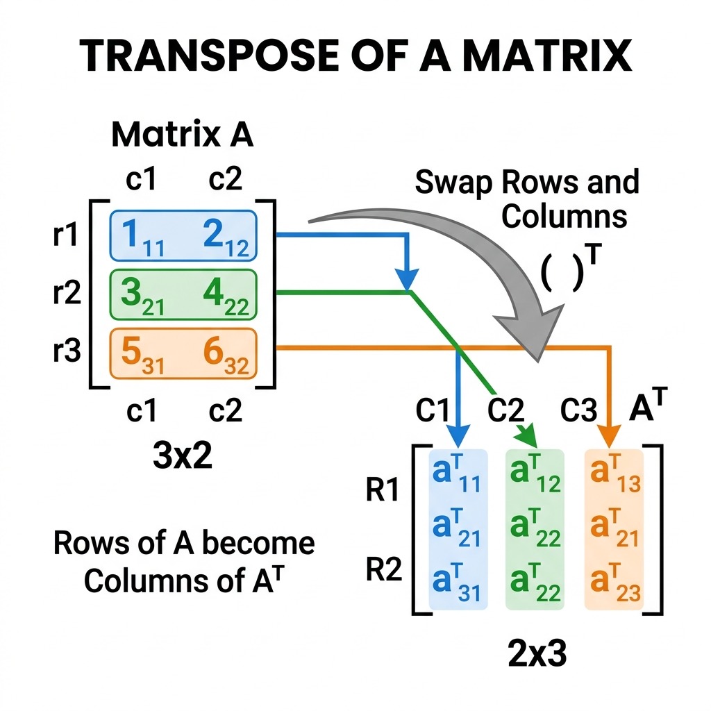 Matrix transpose showing row-column swapping