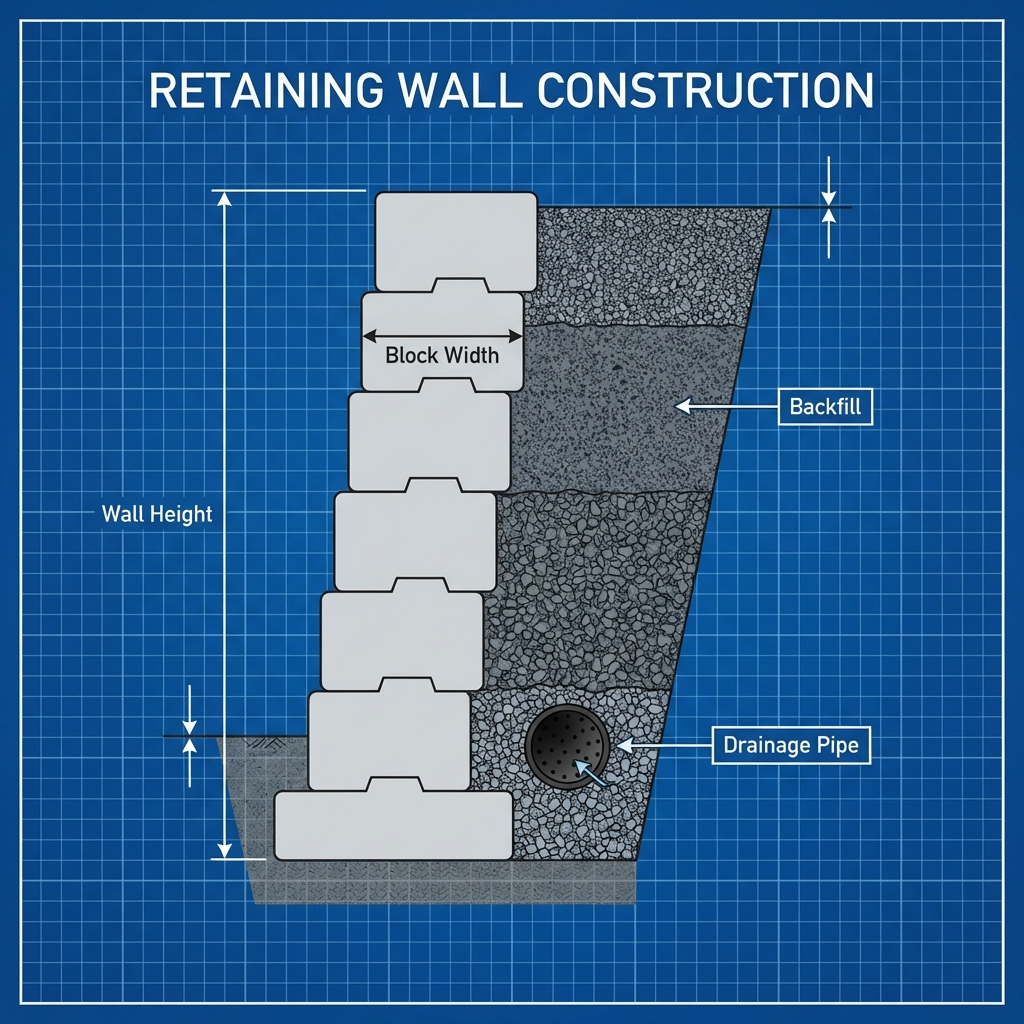 Retaining wall structure and drainage diagram