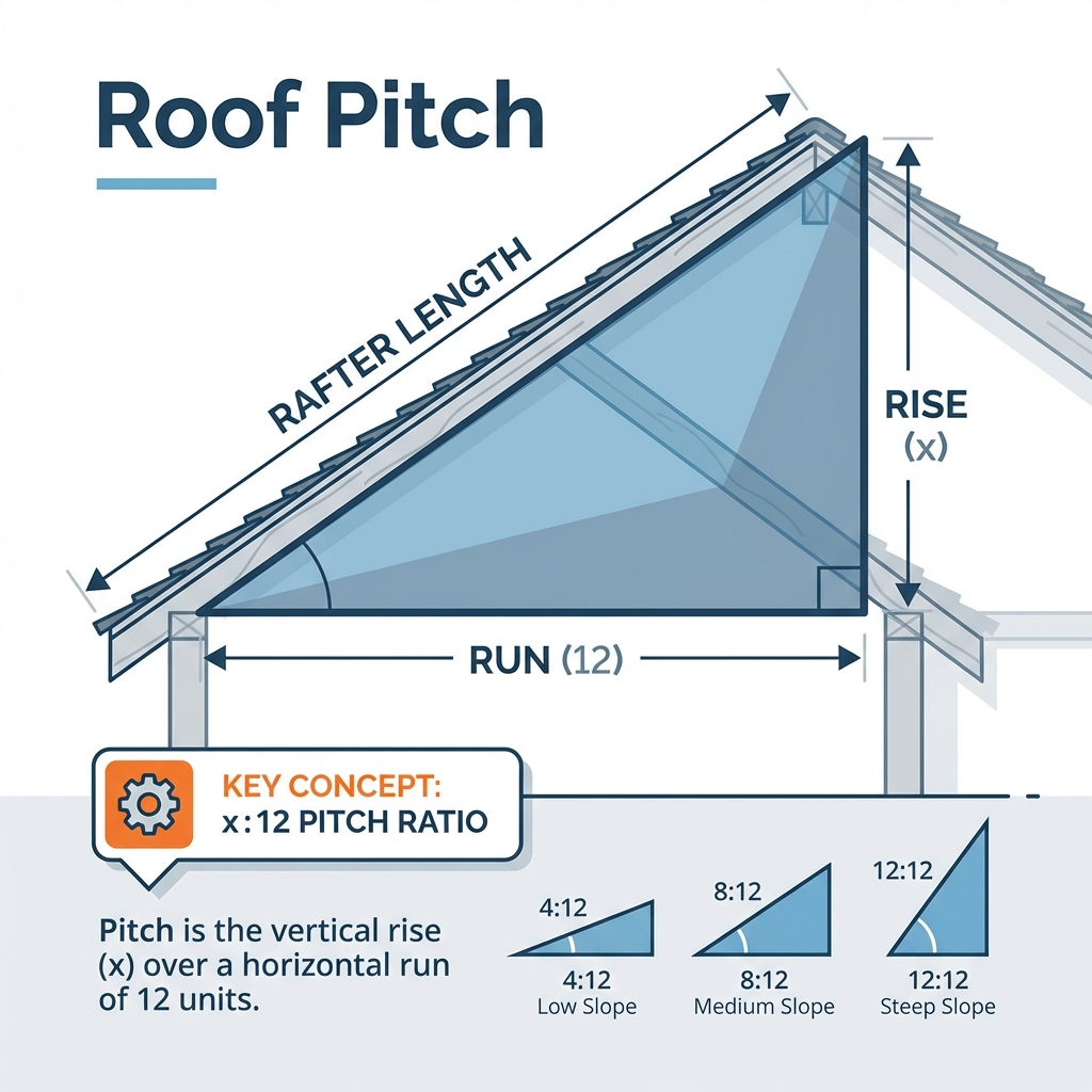Roof pitch measurement and rafter length diagram