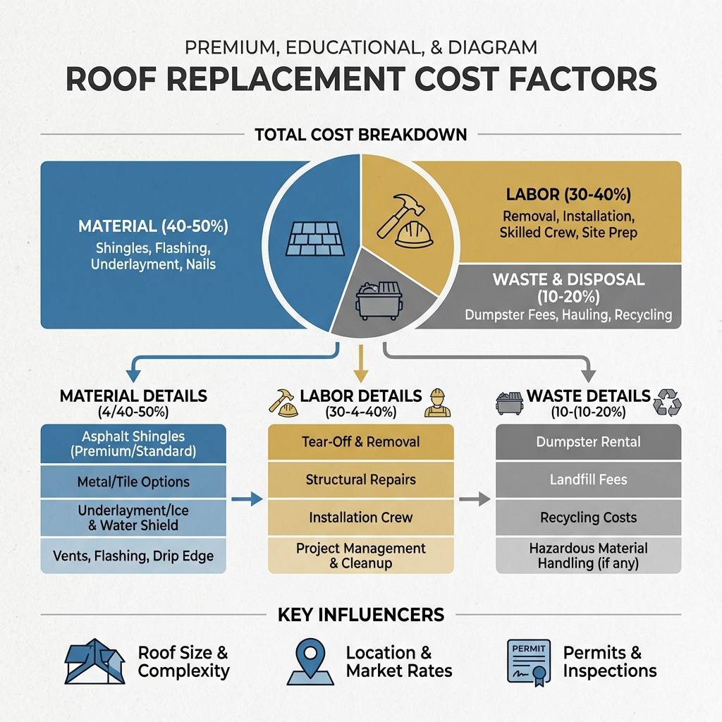 Roof replacement cost factors and labor rates diagram