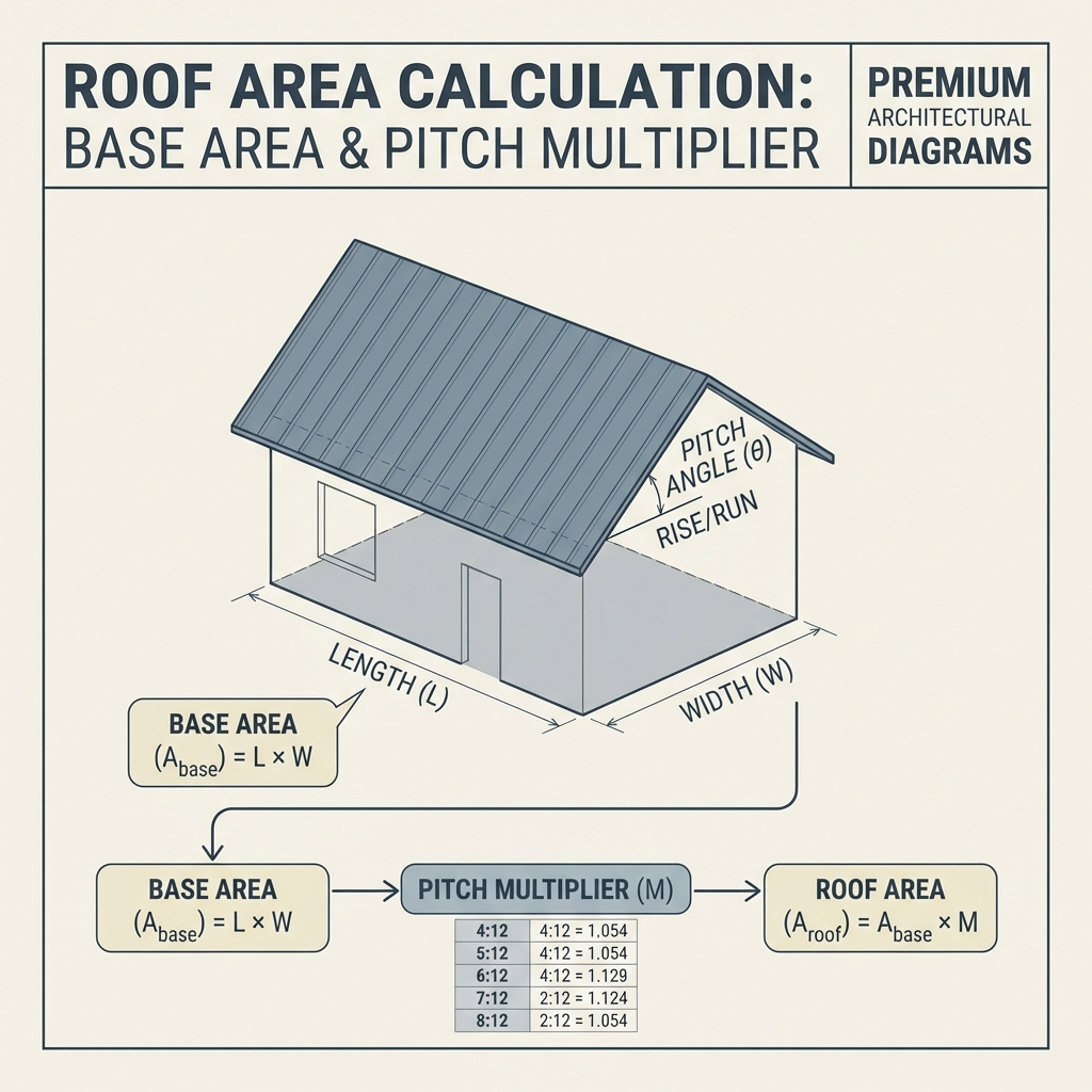 Roof area calculation and pitch multiplier diagram