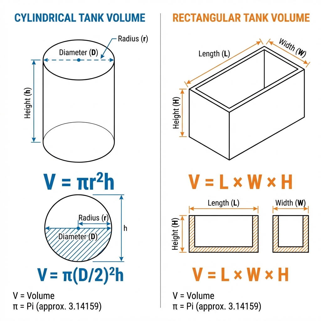 Geometric tank shapes and volume calculation diagram