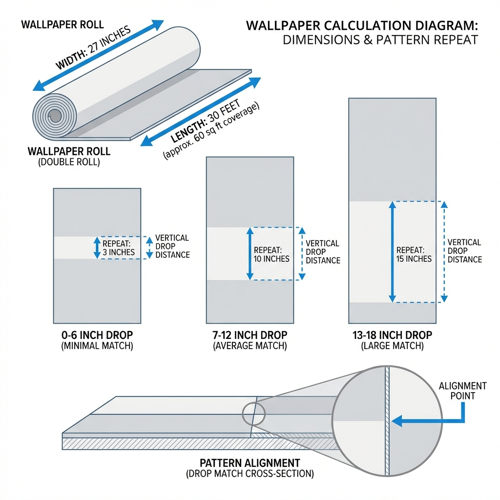 Wallpaper roll dimensions and pattern repeat diagram