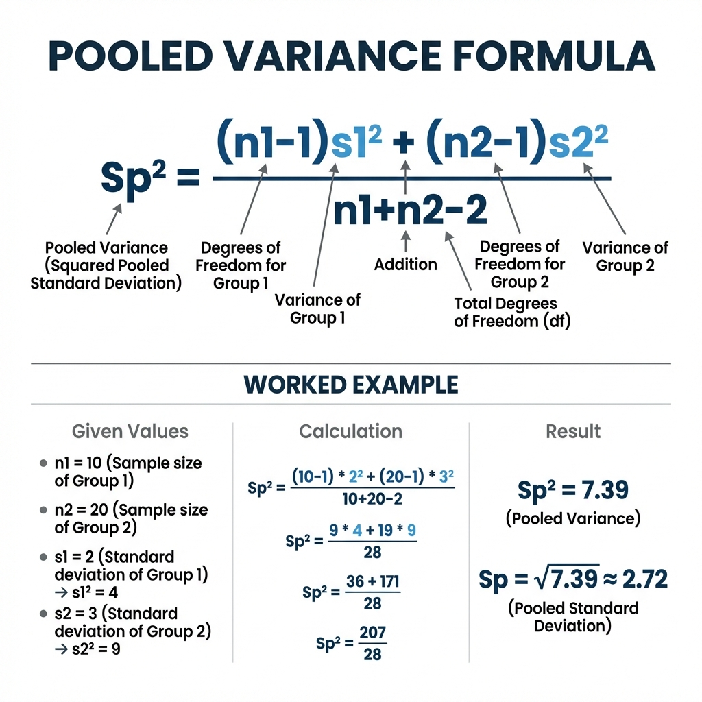 Pooled Variance Formula and Worked Example Details