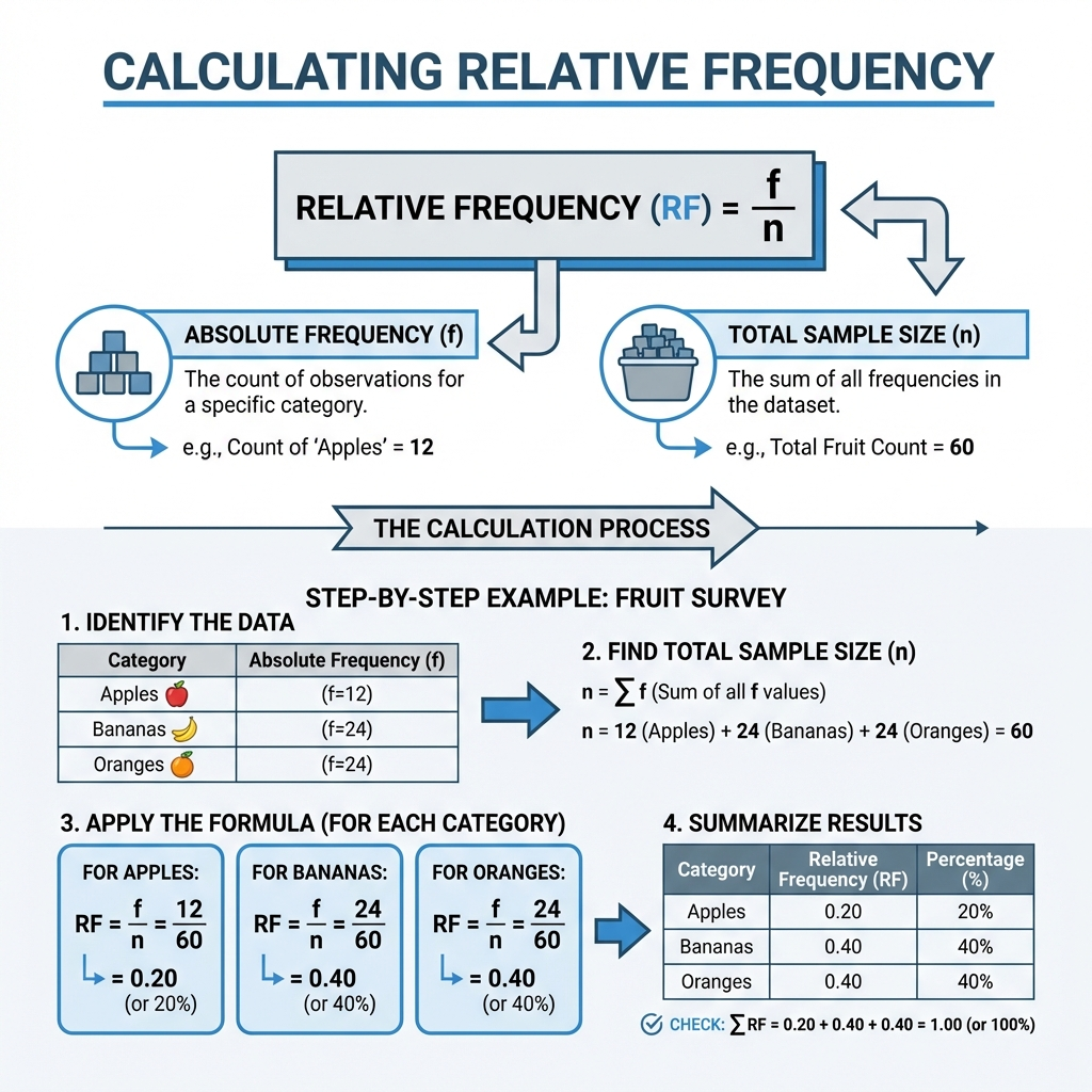 Step-by-Step Relative Frequency Calculation Infographic
