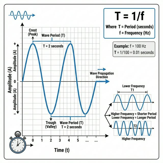 Detailed Wave Period Diagram showing formula T=1/f, wave cycles, crest, trough, and frequency relationship