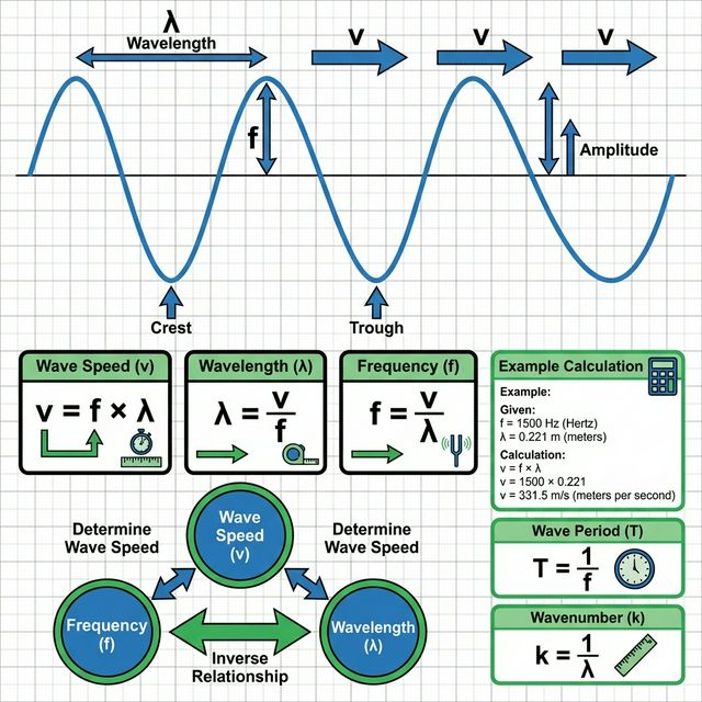 Detailed wave speed diagram with formulas, example calculation, wave period and wavenumber