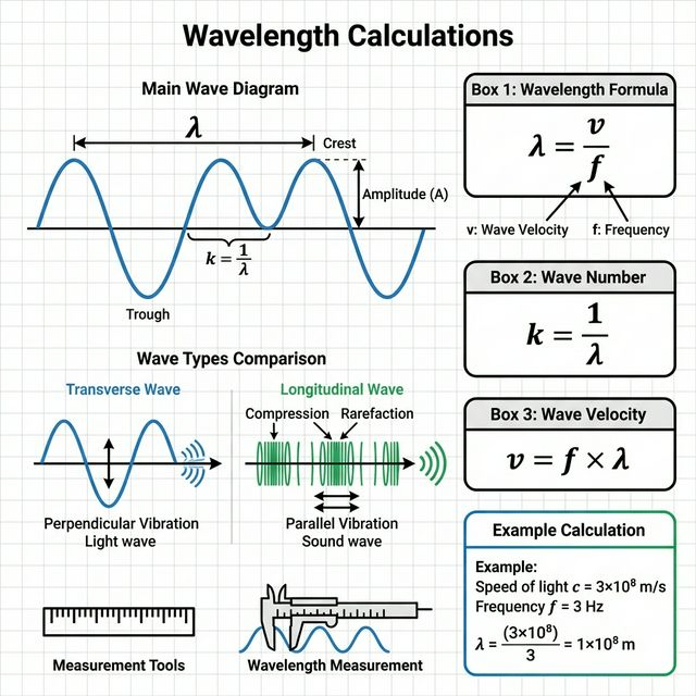 Detailed wavelength calculations with formulas, wave types comparison, and example