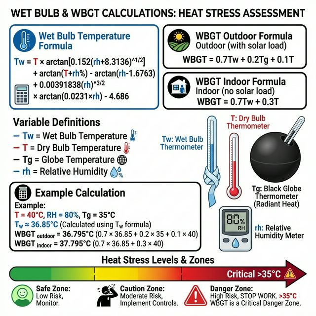 Detailed wet bulb and WBGT calculations with formulas, example, and heat stress zones