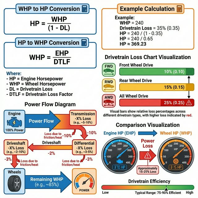 Detailed WHP to HP formulas with drivetrain loss chart and example calculation