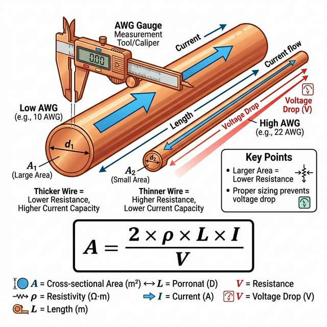 Wire size calculation showing AWG gauge, cross-sectional area, and voltage drop