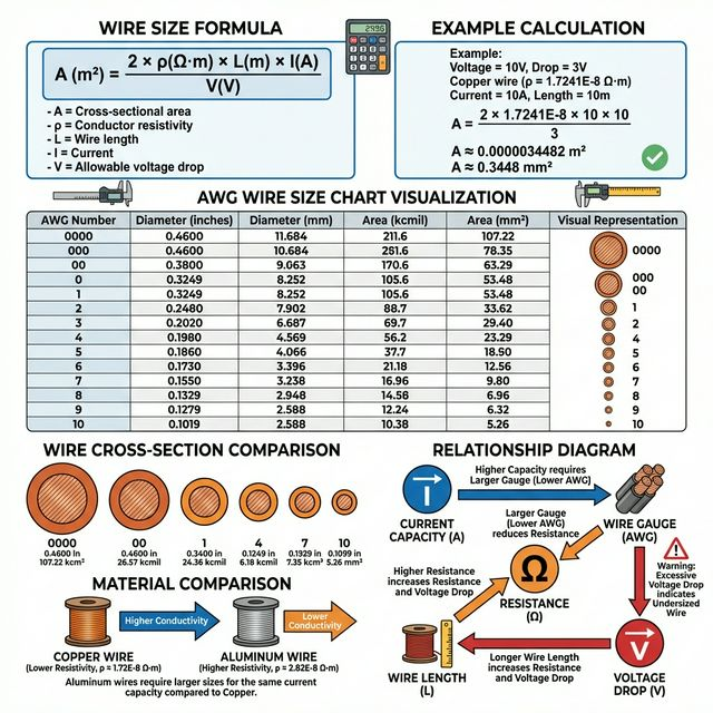 Detailed wire size formula with AWG chart, example calculation, and material comparison
